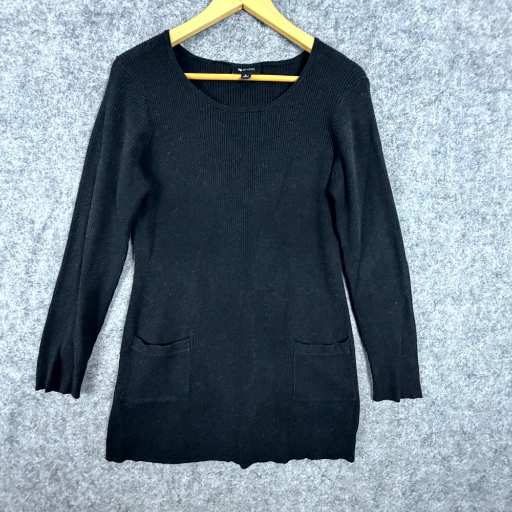 AB Studio Tunic Sweater Women Large Black Ribbed Knit Long Neutral Pockets